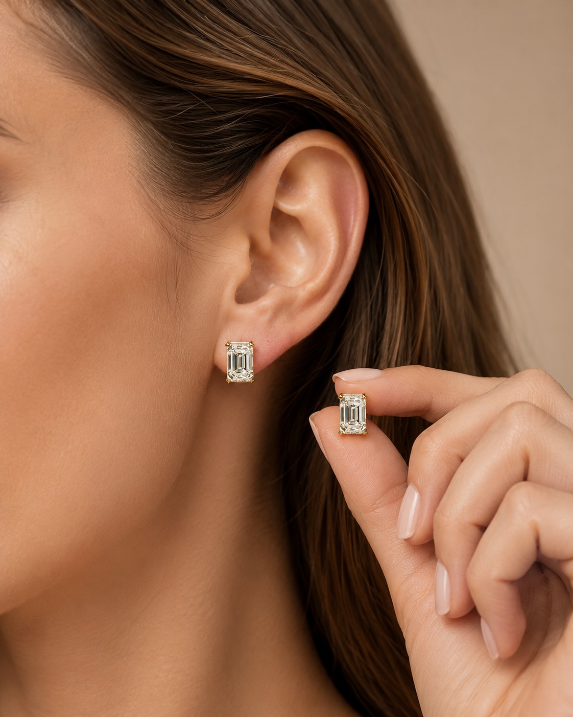 Emerald Cut Lab Grown Diamond Stud Earrings Four-Prong Solitaire 14K Yellow Gold IGI Certified 10ct
