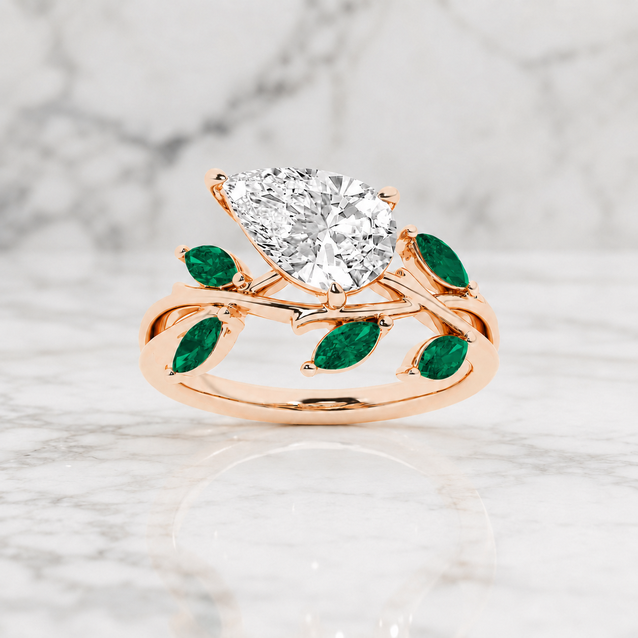 Pear Lab Grown Diamond Engagement Ring Branch Side Stone 14K Rose Gold Marquise Emerald Accents, IGI Certified