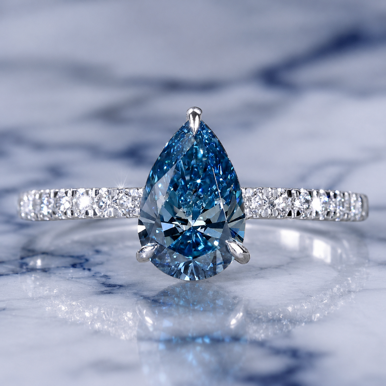 Fancy Blue Pear Lab Grown Diamond Engagement Ring Pavé 14K White Gold IGI Certified 1.02 Carat