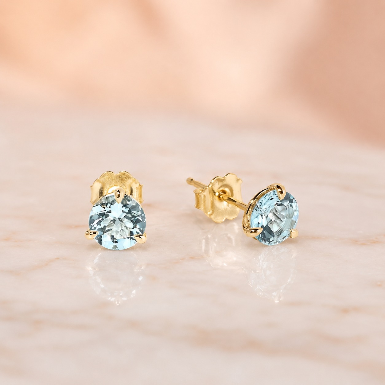 Round Aquamarine Stud Earrings – 3-Prong 14K Yellow Gold – 1.33 Cttw Push Back