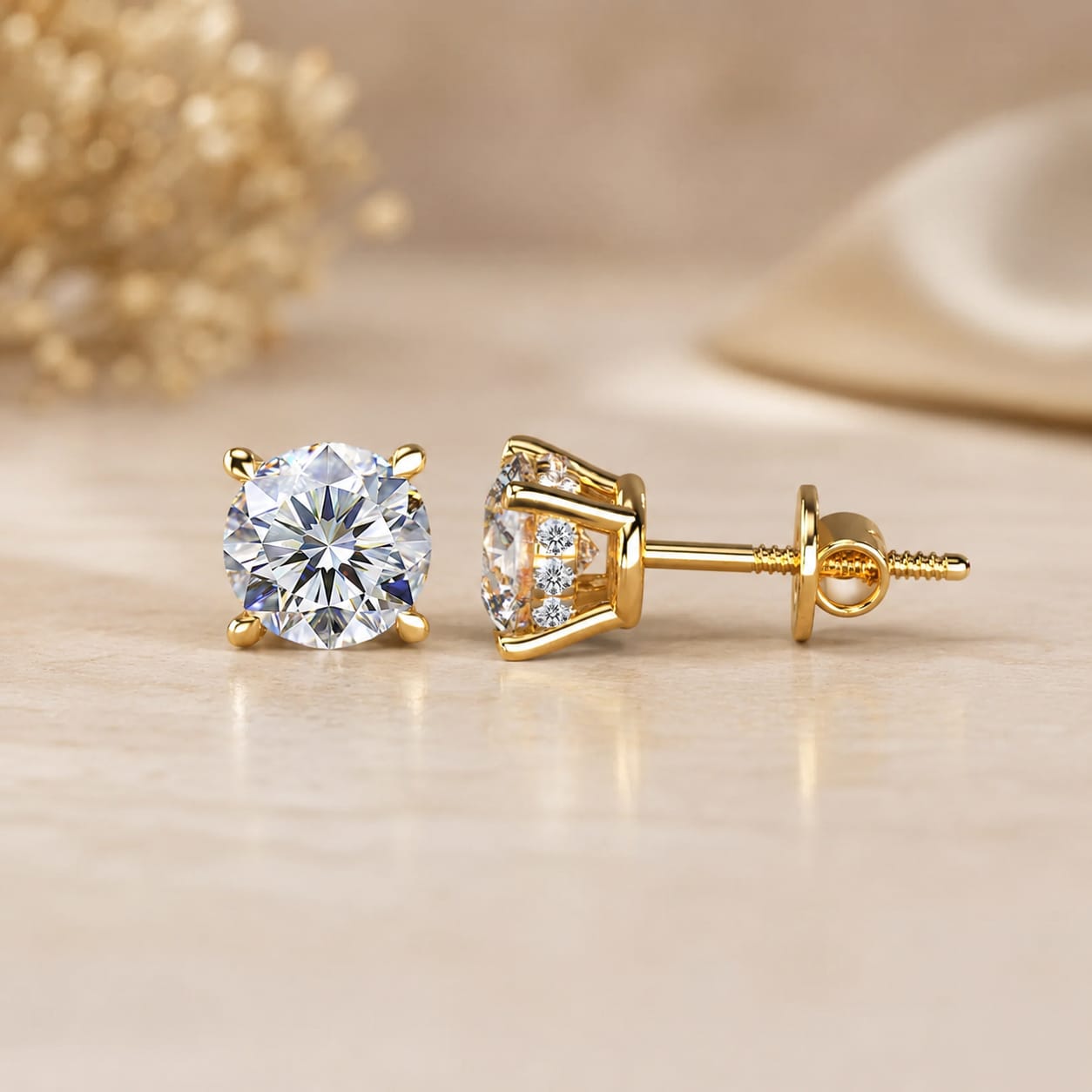 2ct Round Lab Grown Diamond Stud Earrings – Hidden Halo 14K Gold