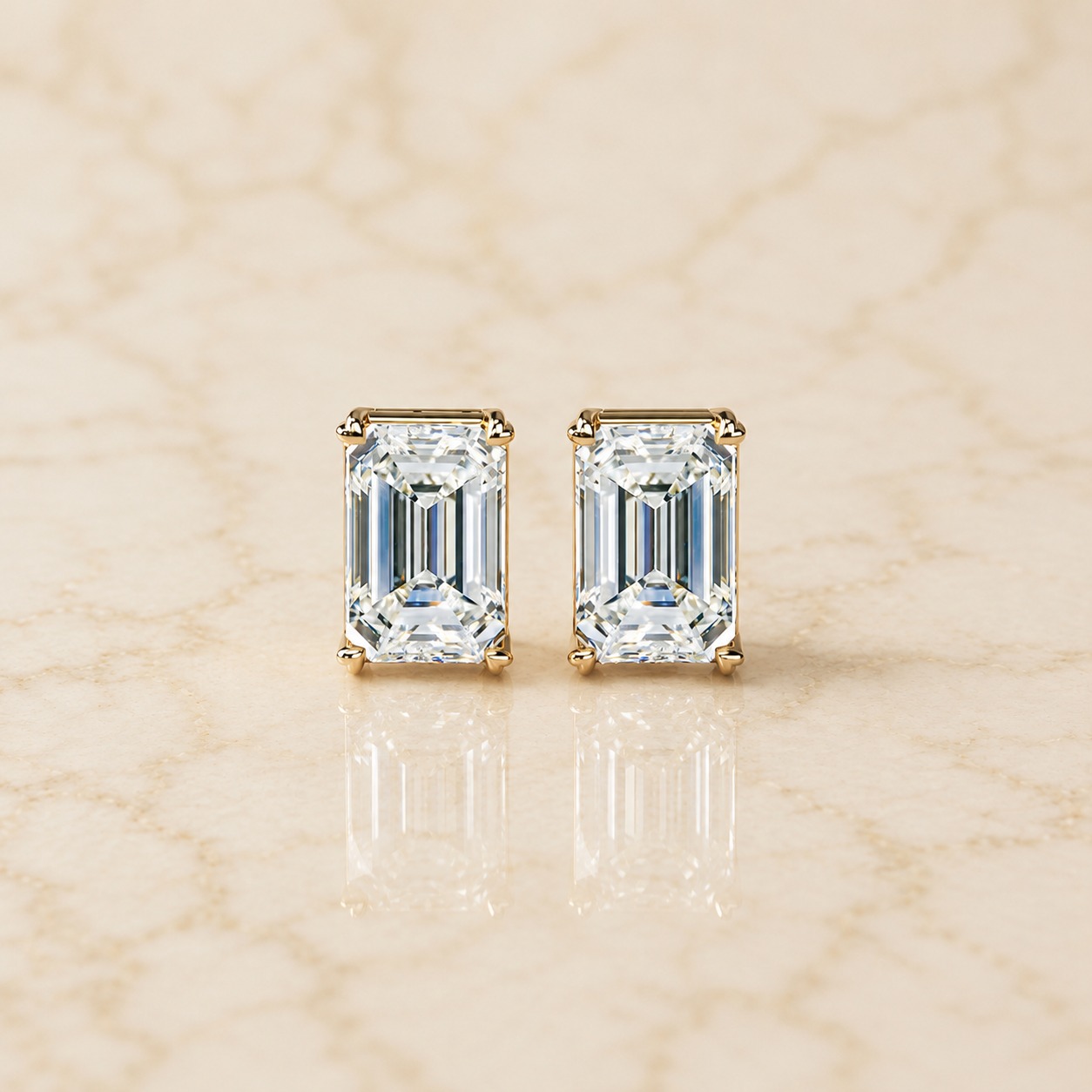 Emerald Cut Lab Grown Diamond Stud Earrings Four-Prong Solitaire 14K Yellow Gold IGI Certified 10ct