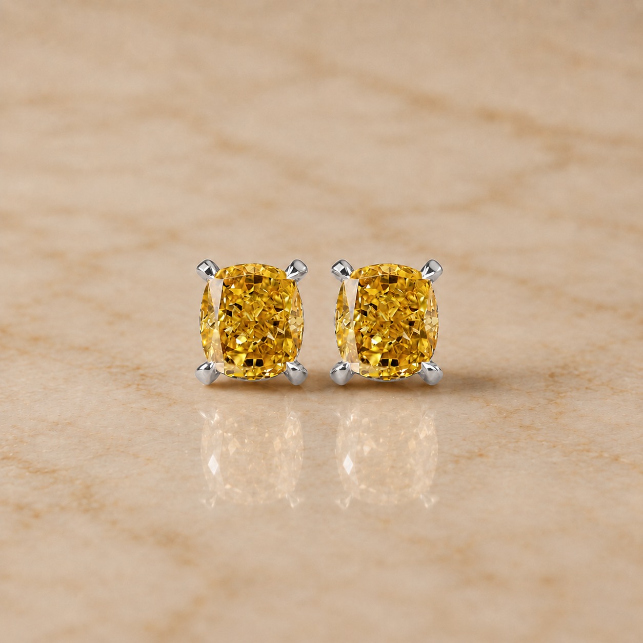 Yellow Cushion Lab Grown Diamond Stud Earrings Hidden Halo 14K White Gold IGI Certified 3.5 Carat