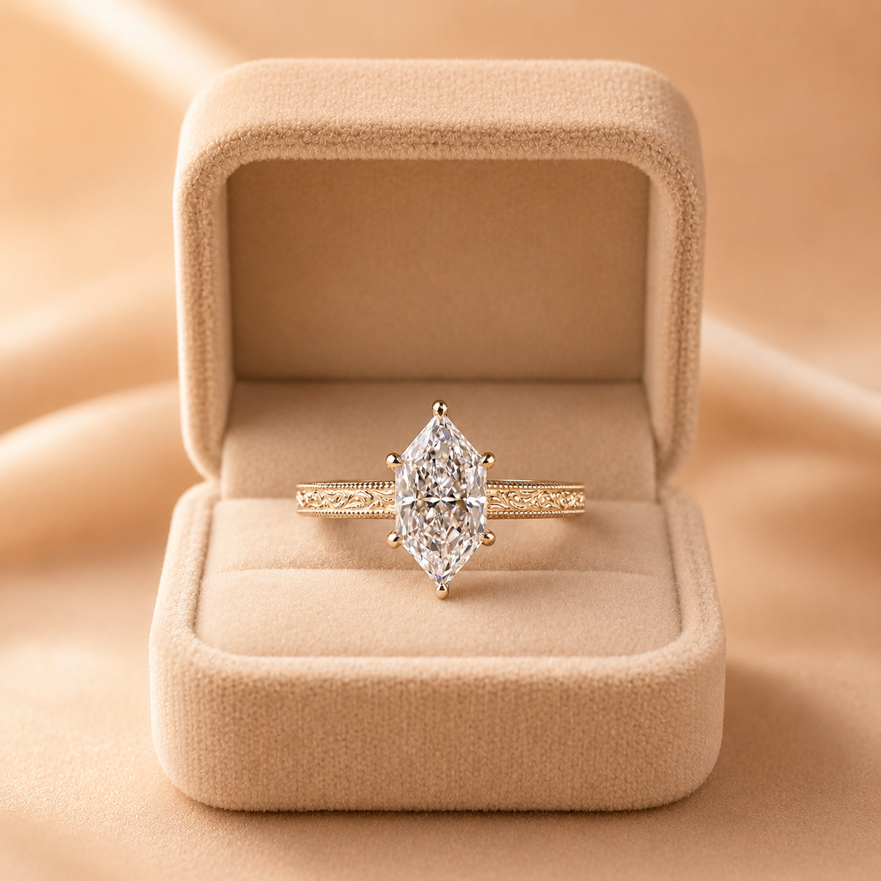 Dutch Marquise Lab Grown Diamond Engagement Ring Vintage Etched Solitaire 14K Gold IGI Certified 3 Carat E VVS2