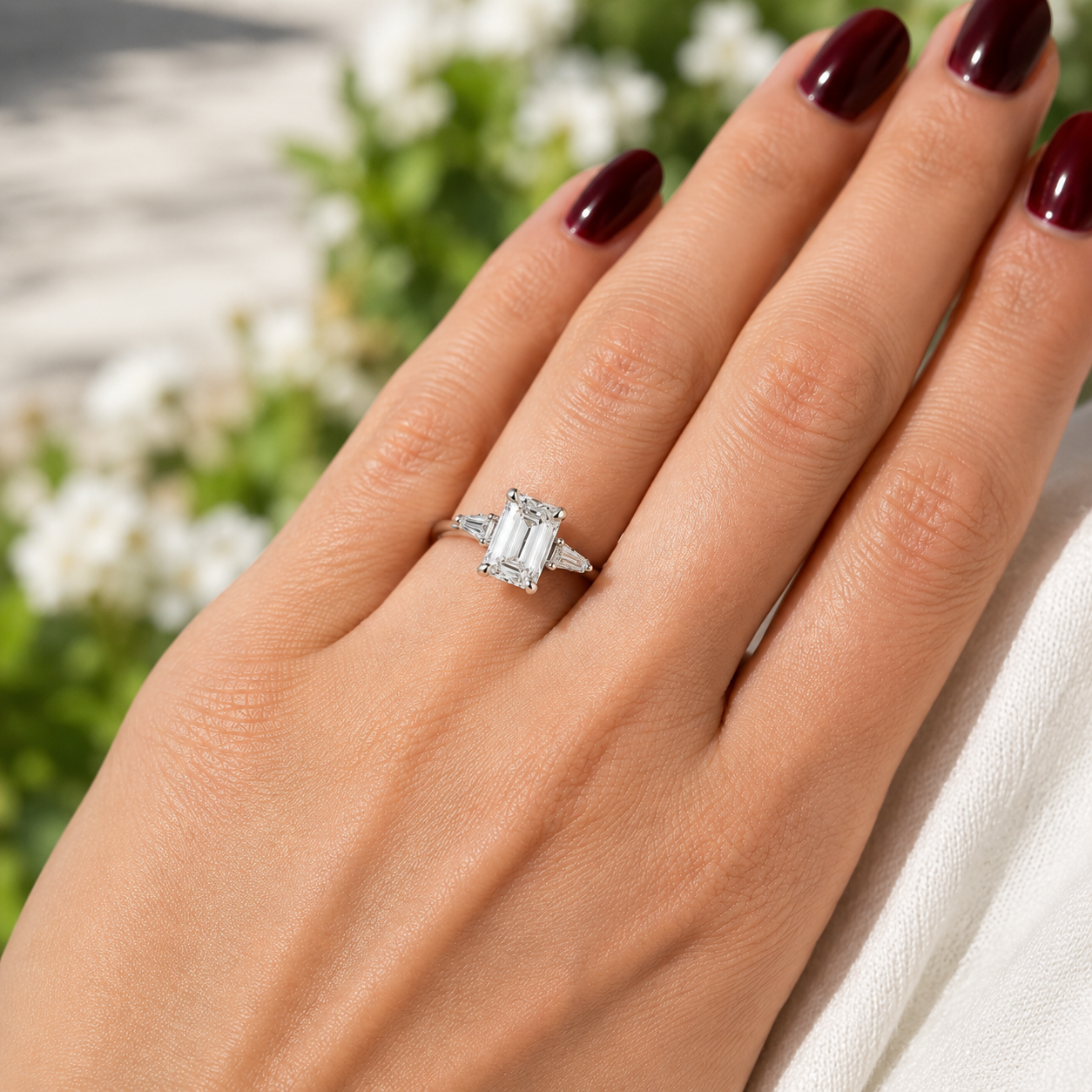 Emerald Cut Lab Grown Diamond Engagement Ring Three Stone 14K White Gold Tapered Baguette, E VVS2