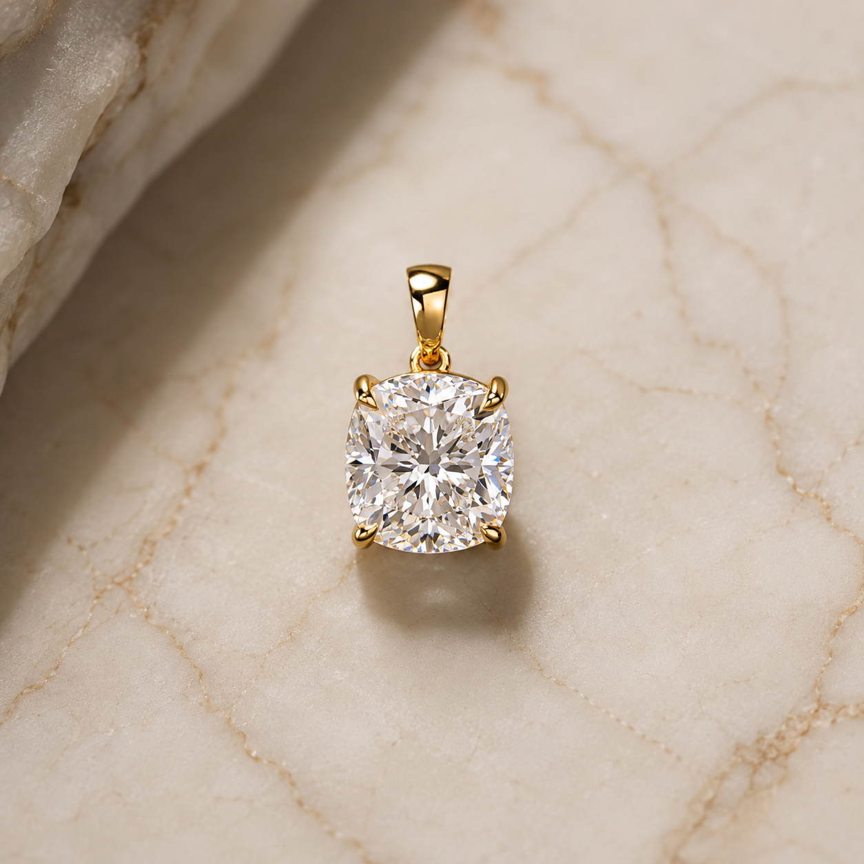 Cushion Lab Grown Diamond Solitaire Pendant – Four-Prong 14K Yellow Gold – IGI Certified 2ct