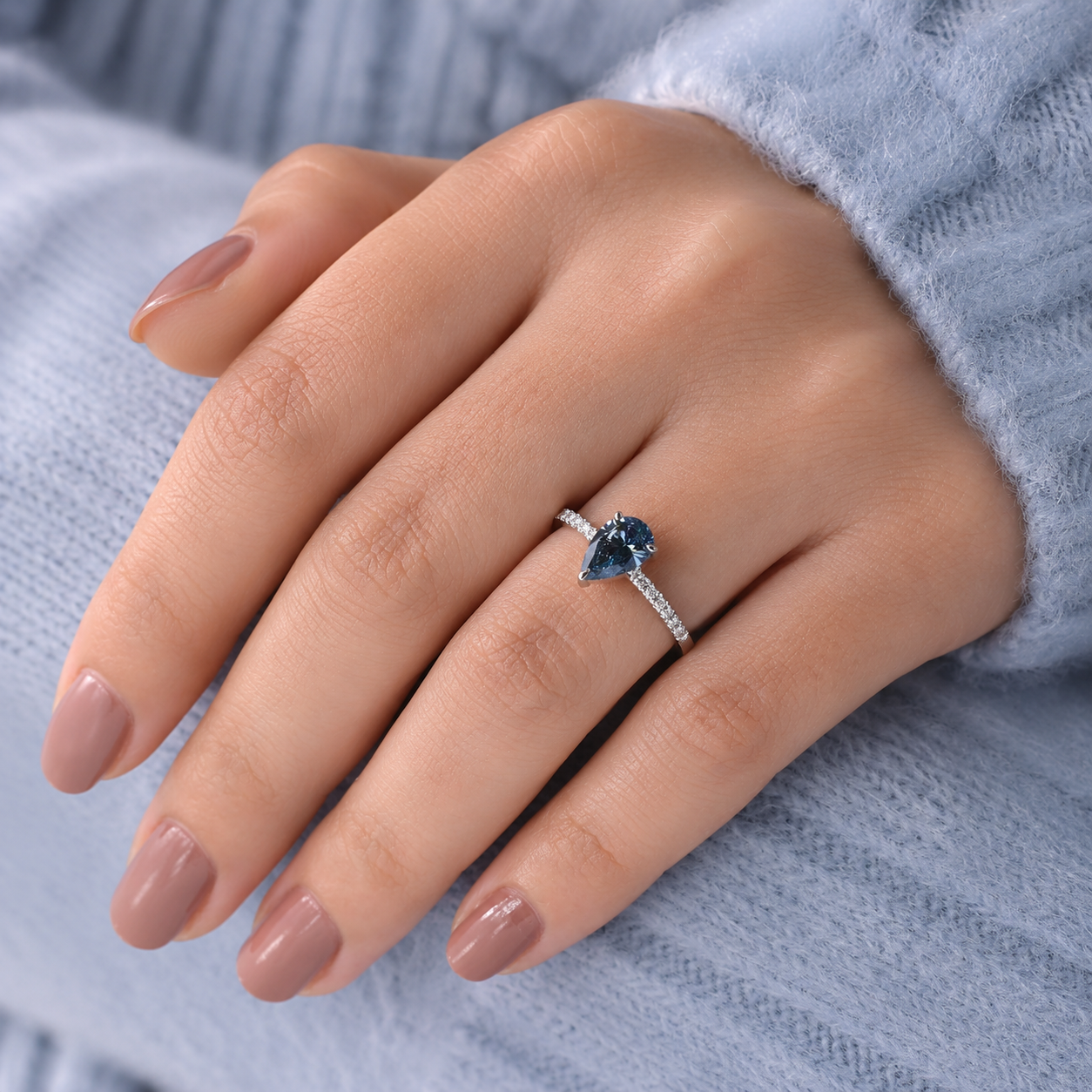 Fancy Blue Pear Lab Grown Diamond Engagement Ring Pavé 14K White Gold IGI Certified 1.02 Carat