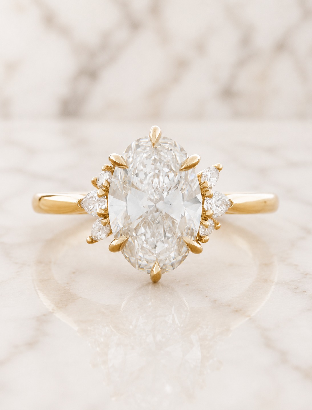 Oval Lab Grown Diamond Engagement Ring Cluster Pear Accent 14K Yellow Gold IGI Certified E VVS2