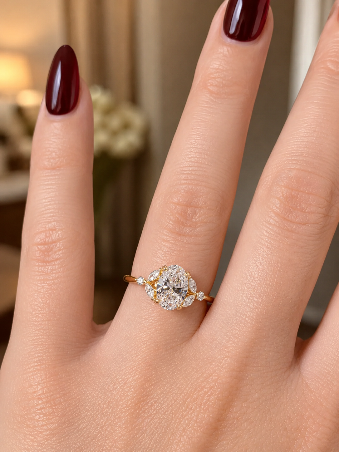 Oval Lab Grown Diamond Engagement Ring Floral Cluster 14K Yellow Gold IGI Certified 1.54 Carat E VVS2