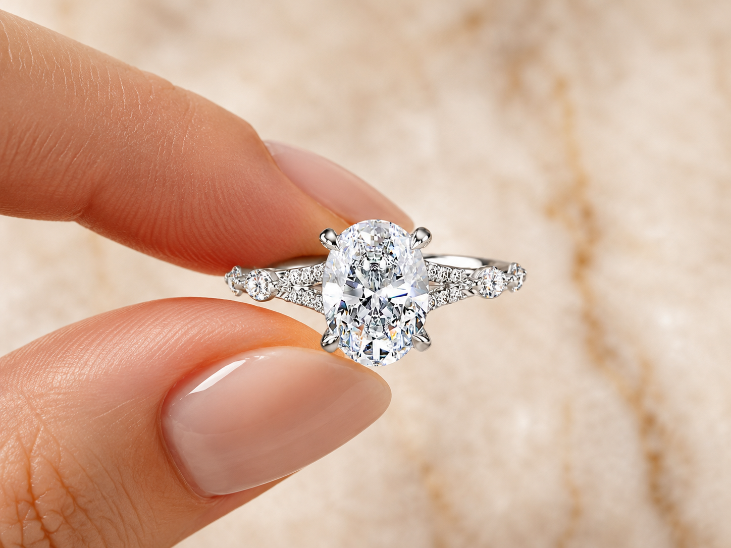 Oval Lab Grown Diamond Engagement Ring Marquise & Round Side Stones 14K White Gold E VVS2 1Ct Center