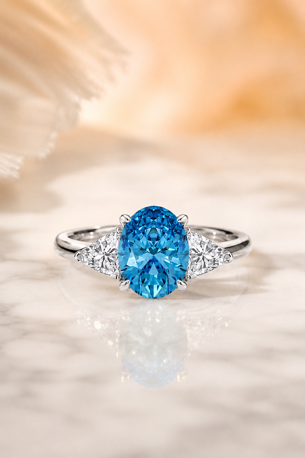 Fancy Blue Oval Lab Grown Diamond Engagement Ring – Three Stone Trillion 14K White Gold – IGI Certified 3 Carat