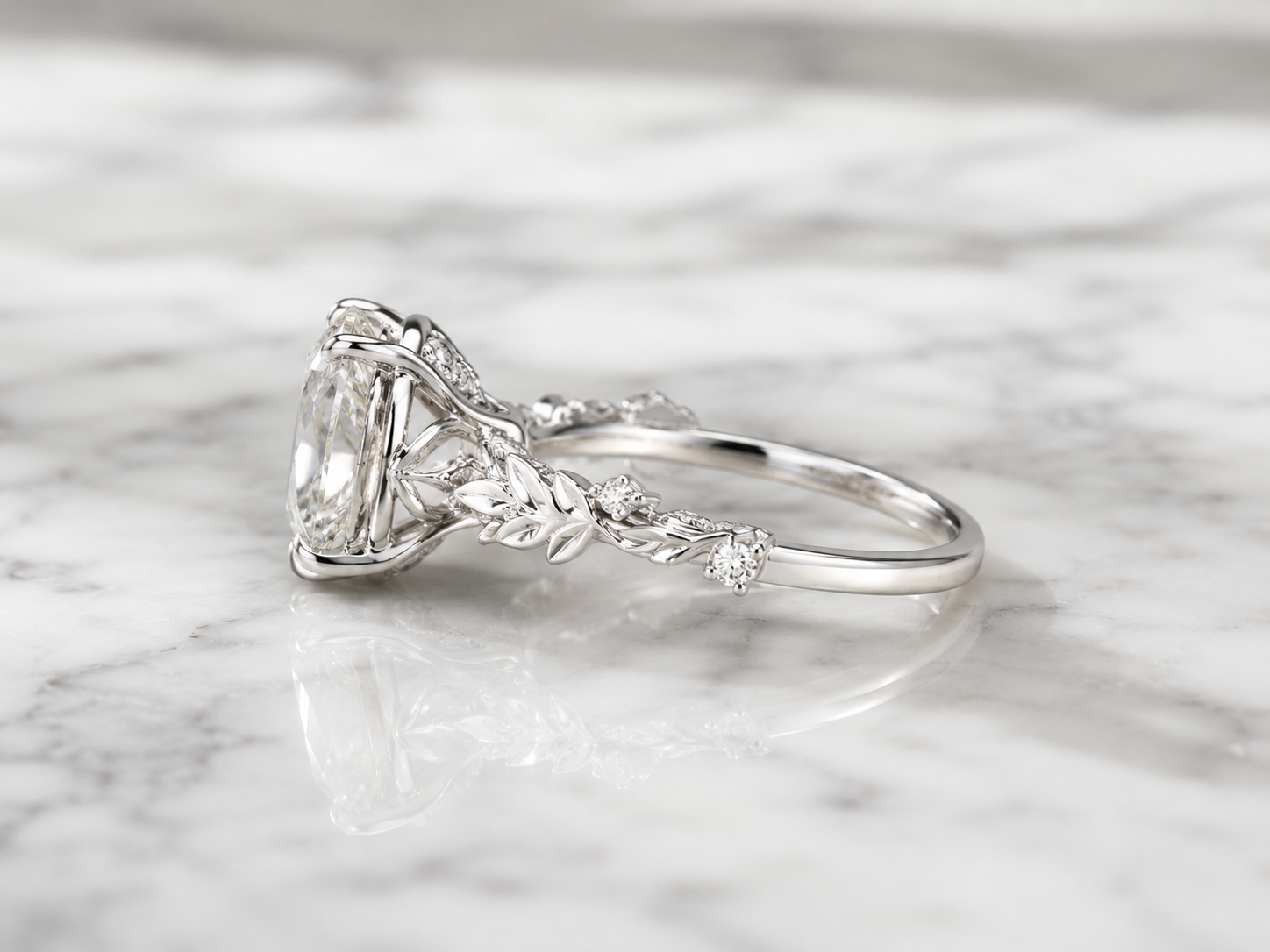 Oval Lab Grown Diamond Floral Engagement Ring – Leaf & Vine Solitaire 14K White Gold – Claw Prong Setting