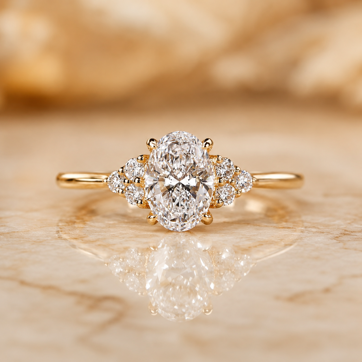 Oval Lab Grown Diamond Engagement Ring 7 Stone Cluster 14K Yellow Gold IGI Certified 2 Carat E VVS2