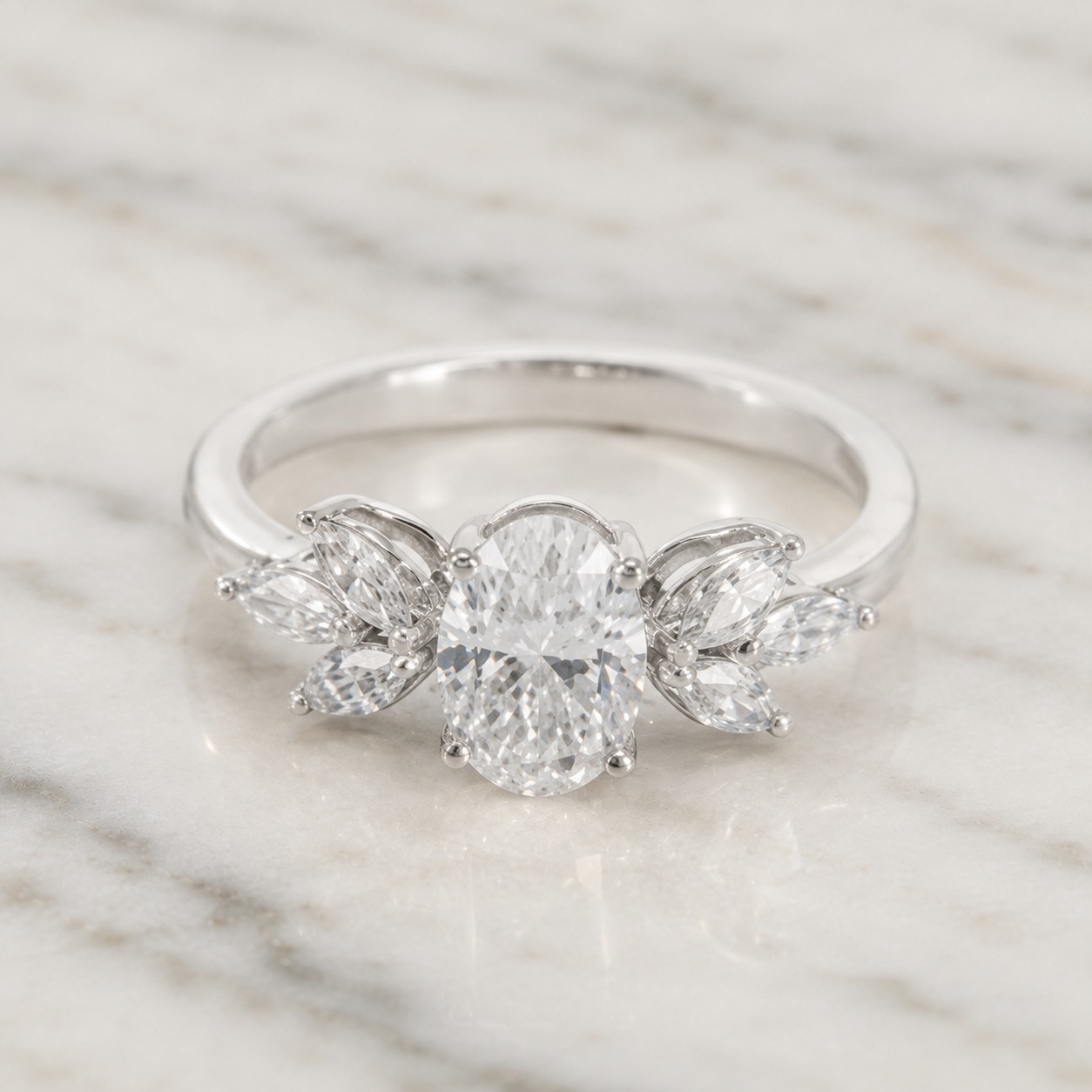 Oval Lab Grown Diamond Engagement Ring Marquise Petal Accent 14K White Gold E VVS2
