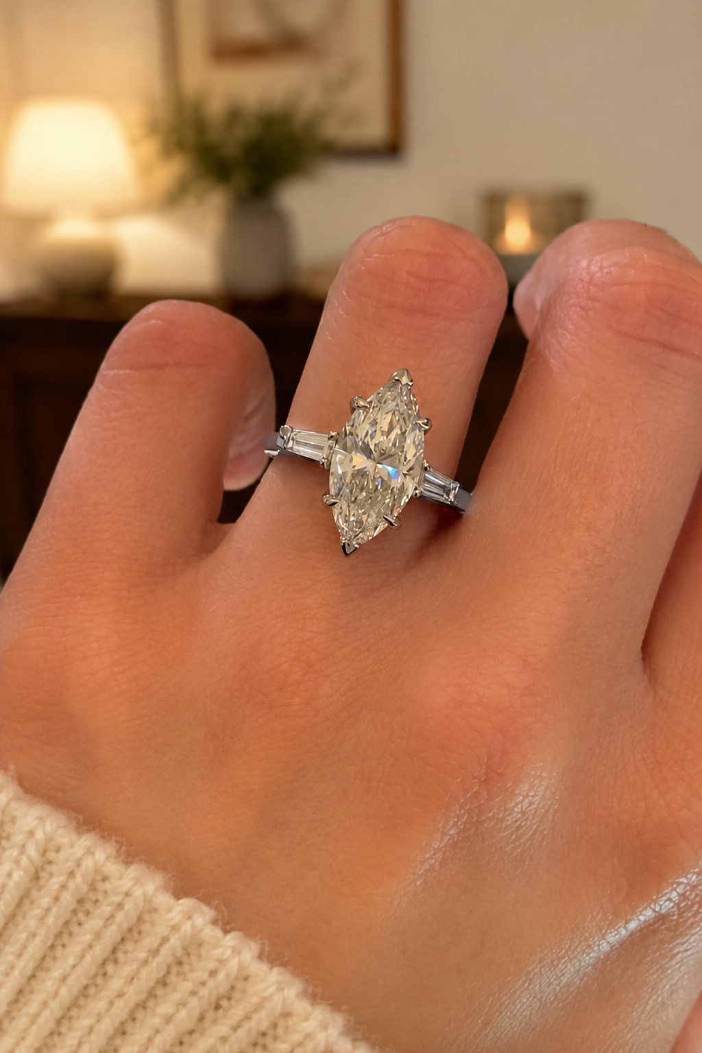 Marquise Lab Grown Diamond Engagement Ring Three Stone 14K White Gold Tapered Baguette, E VVS2