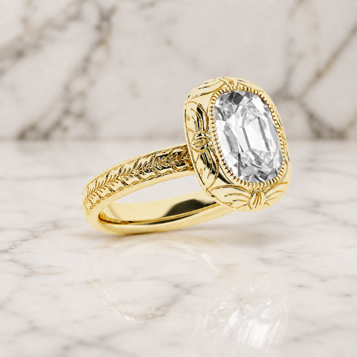 Elongated Cushion Lab Grown Diamond Engagement Ring Vintage Bezel Solitaire 14K Yellow Gold IGI Certified 2 Carat