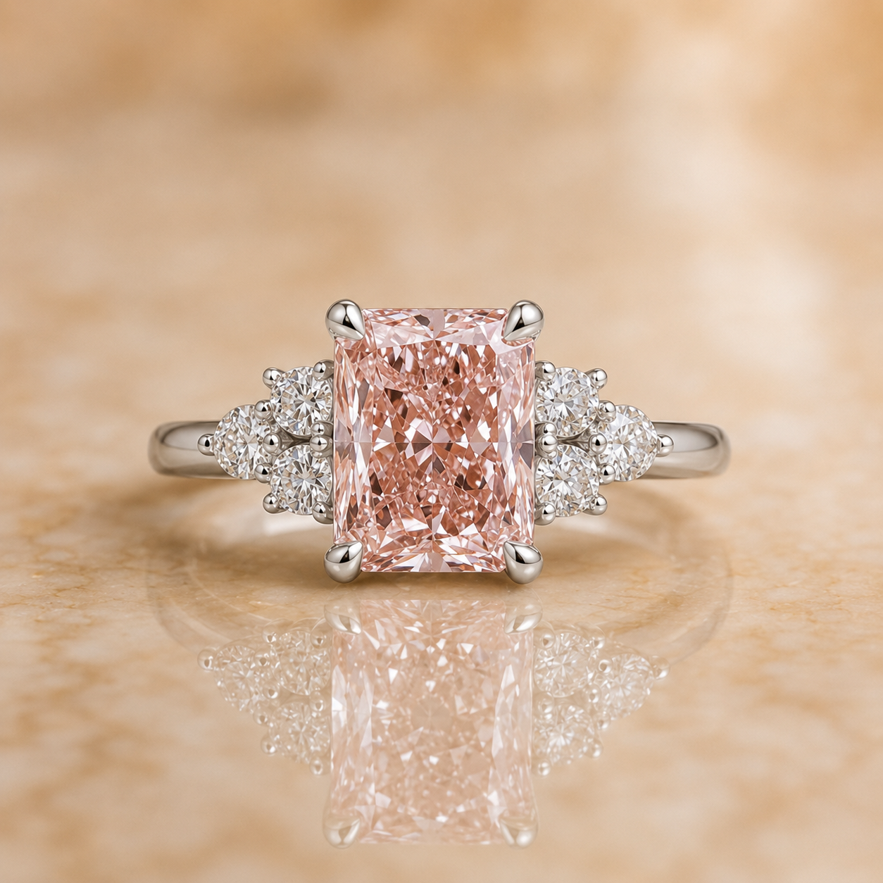 Fancy Vivid Pink Radiant Lab Grown Diamond Engagement Ring Three Stone 18K White Gold IGI Certified 3.30 Carat