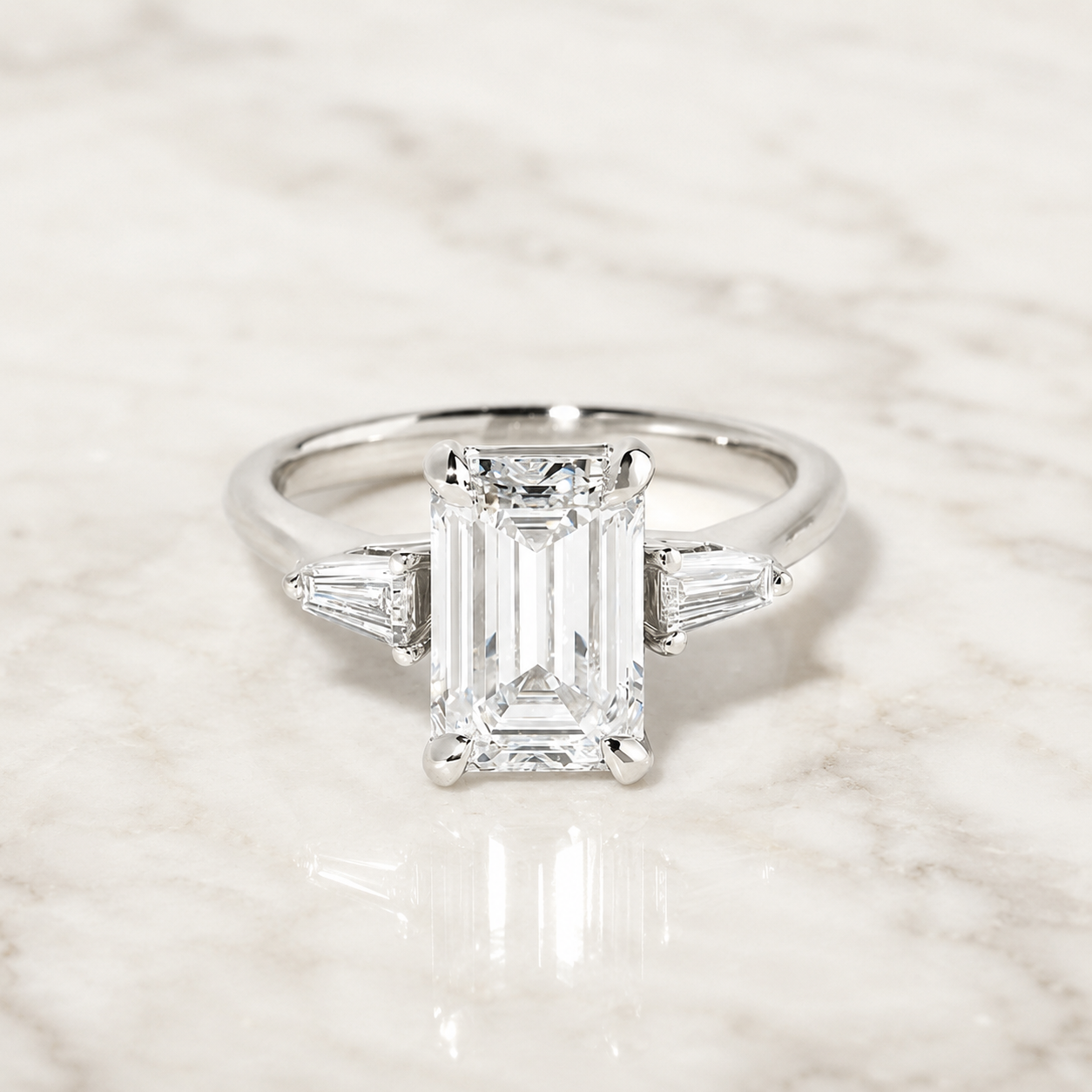 Emerald Cut Lab Grown Diamond Engagement Ring Three Stone 14K White Gold Tapered Baguette, E VVS2