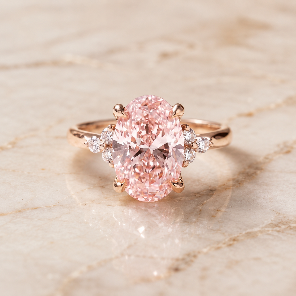 Pink Oval Lab Grown Diamond Engagement Ring Accent Cluster 14K Rose Gold IGI Certified 3.46 Carat