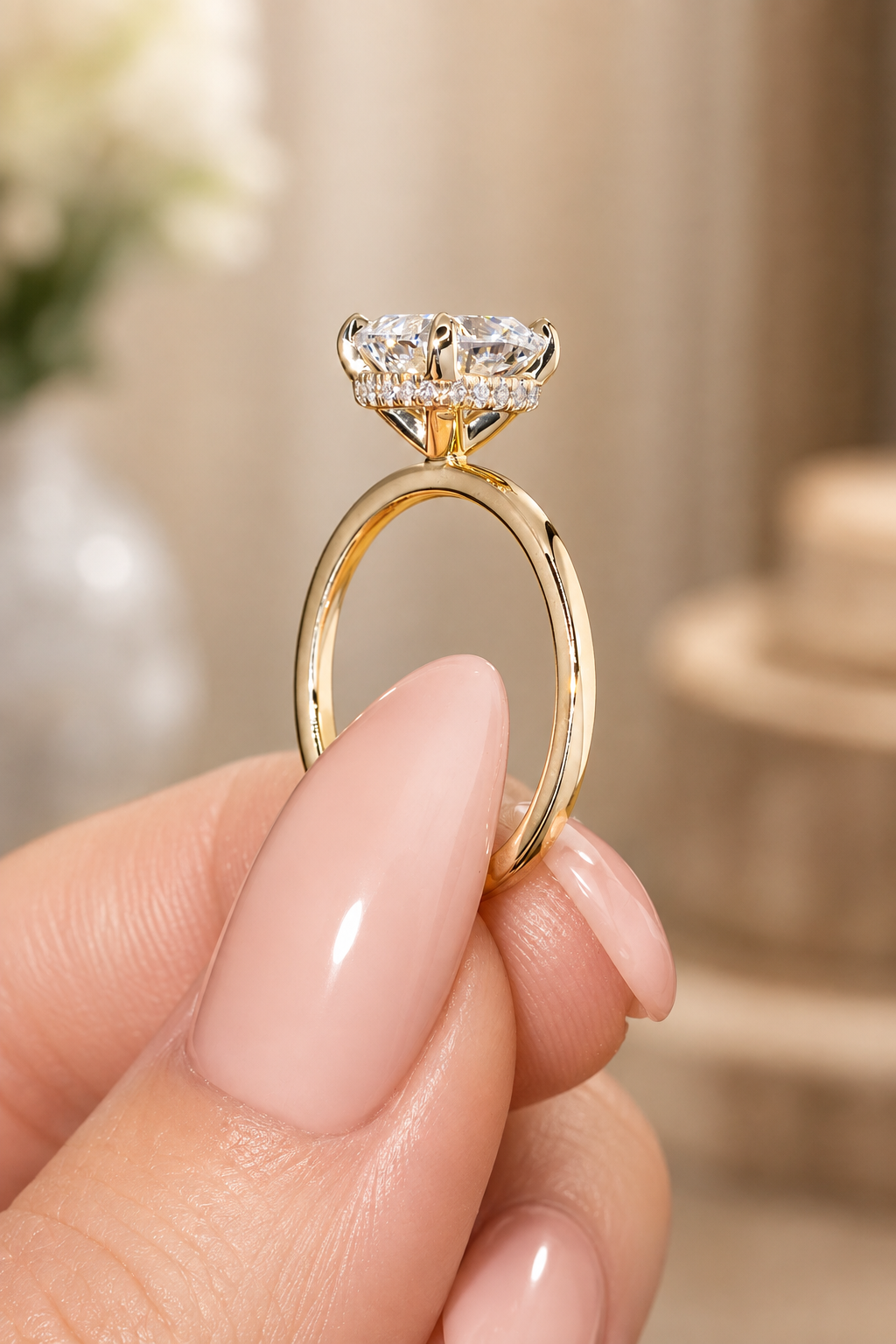 Cushion Lab Grown Diamond Engagement Ring Hidden Halo Solitaire 14K Yellow Gold IGI Certified