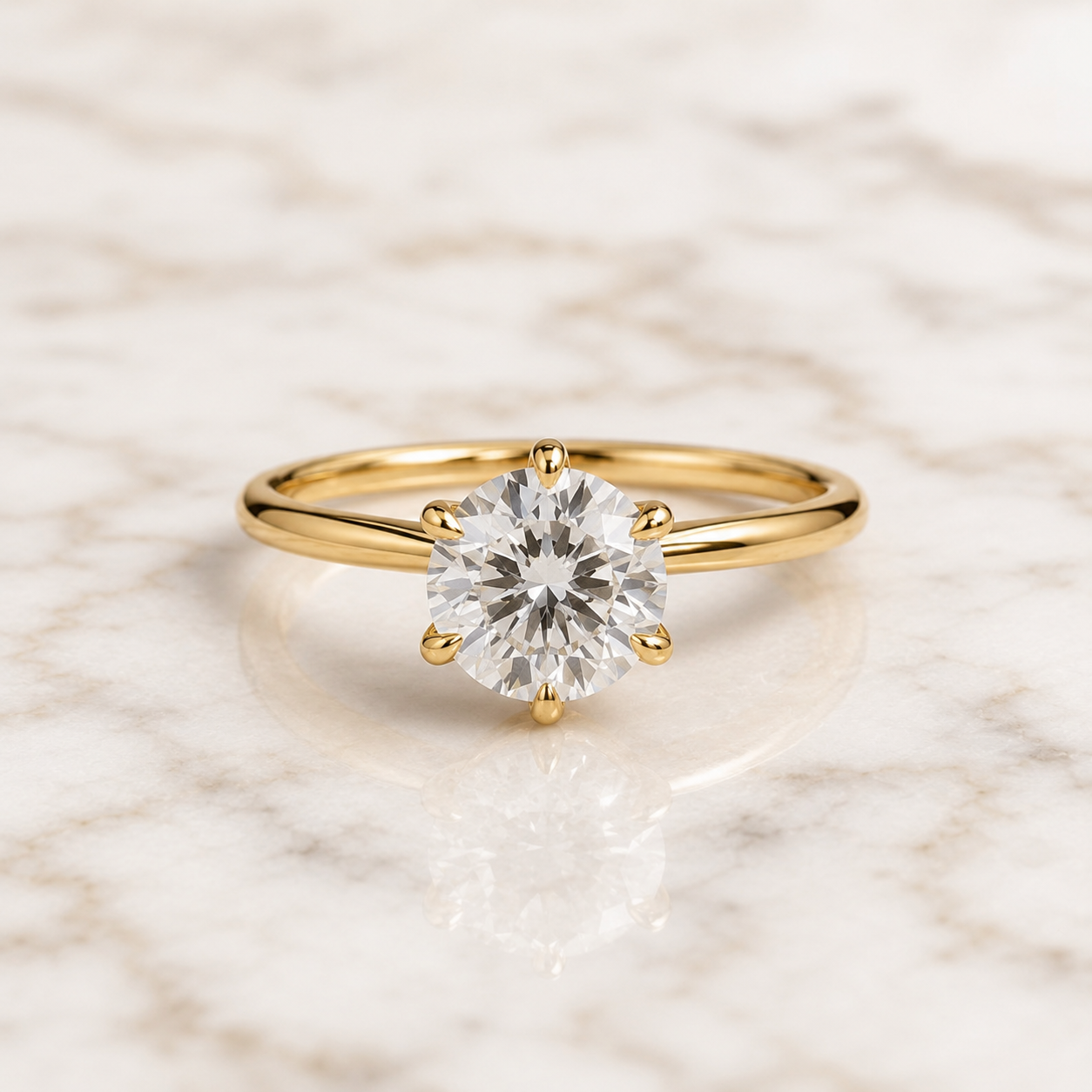 Round Lab Grown Diamond Engagement Ring – Petal Prong Solitaire 14K Gold – Lotus Crown Setting