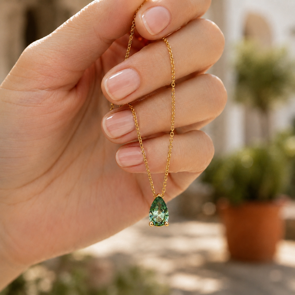 Green Pear Lab Grown Diamond Solitaire Pendant Three Prong 18K Yellow Gold Necklace