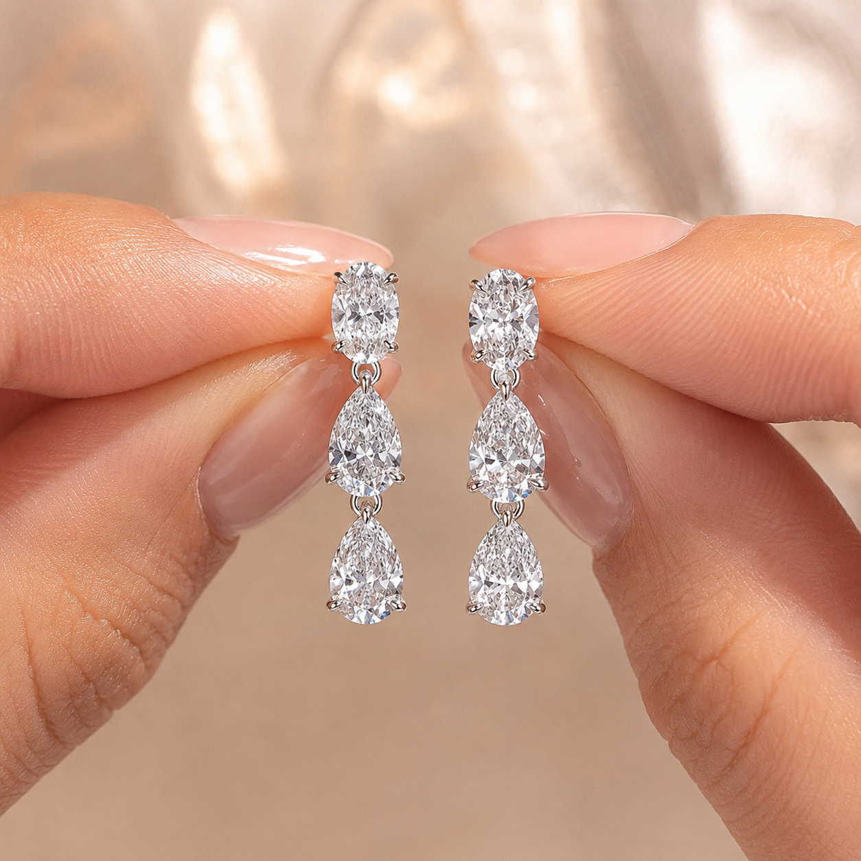 Pear Oval Lab Grown Diamond Drop Earrings Three Stone 18K White Gold 4.4 Carat Total