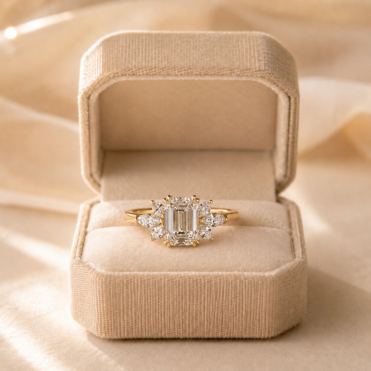 1.5ct Emerald Cut Lab Grown Diamond Engagement Ring – Marquise Halo 14K Yellow Gold