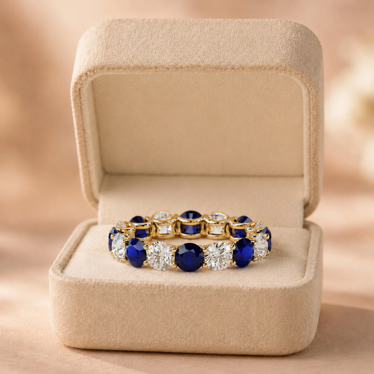 4Ct Round Lab Grown Diamond & Blue Sapphire Eternity Band – 14K Gold, IGI