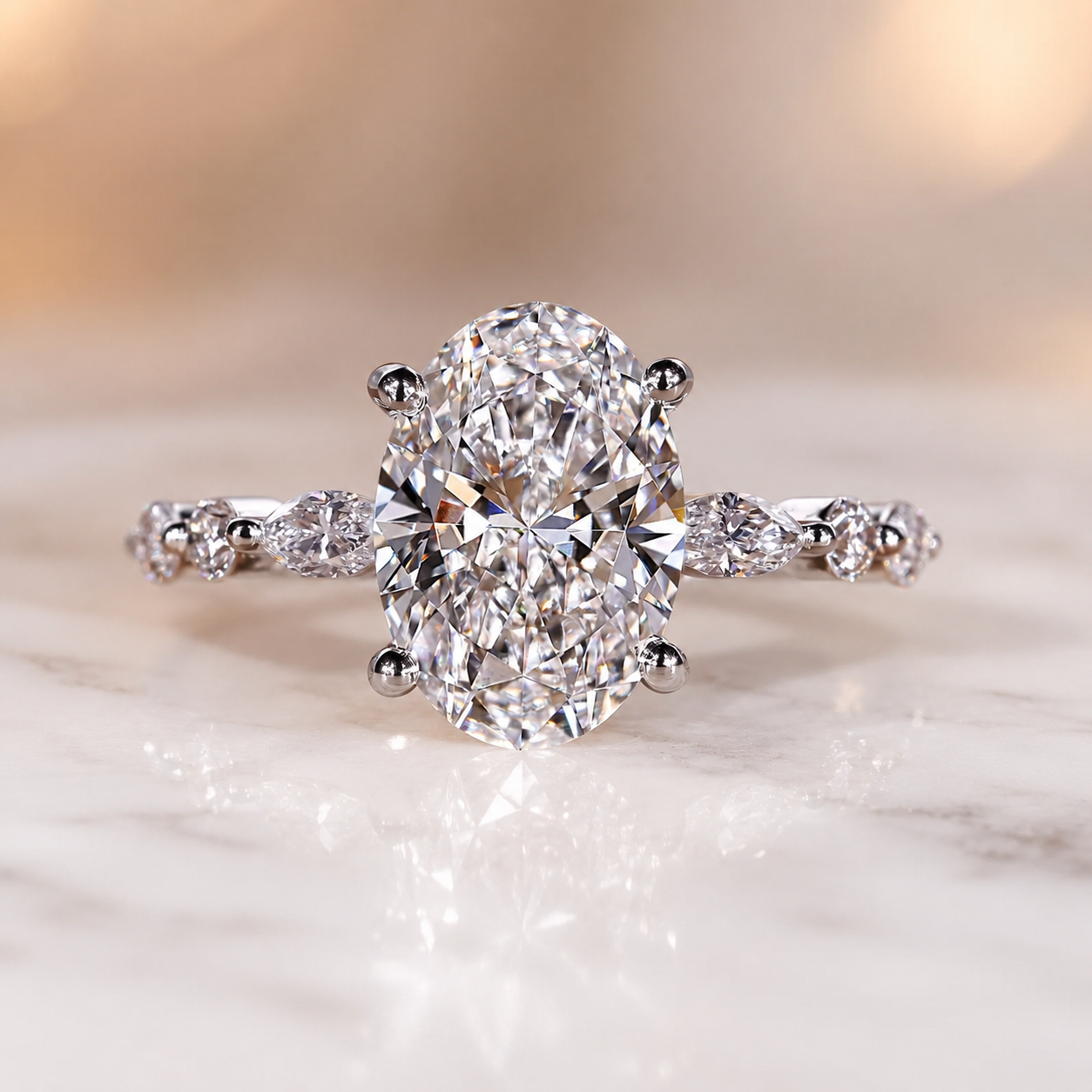 Oval Lab Grown Diamond Engagement Ring Marquise Accent 14K White Gold IGI Certified 2.00 Carat E VVS2