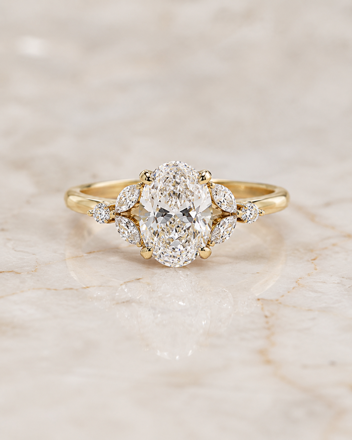 Oval Lab Grown Diamond Engagement Ring Floral Cluster 14K Yellow Gold IGI Certified 1.54 Carat E VVS2