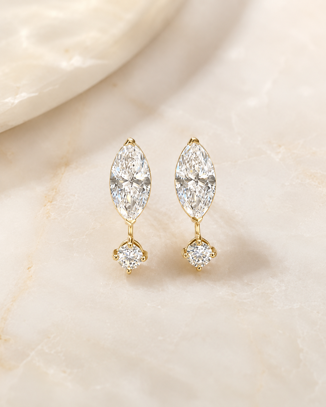 Marquise Lab Grown Diamond Earrings Round Accent Jacket 14K Yellow Gold Studs for Her
