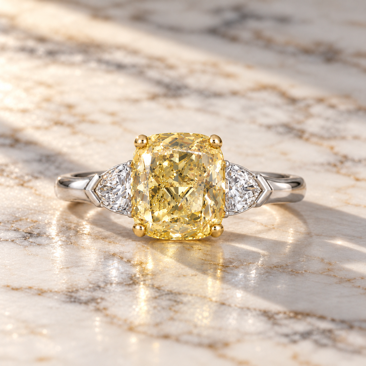 Fancy Yellow Cushion Lab Grown Diamond Engagement Ring – Three Stone White & Yellow Gold – Pear Side Stones