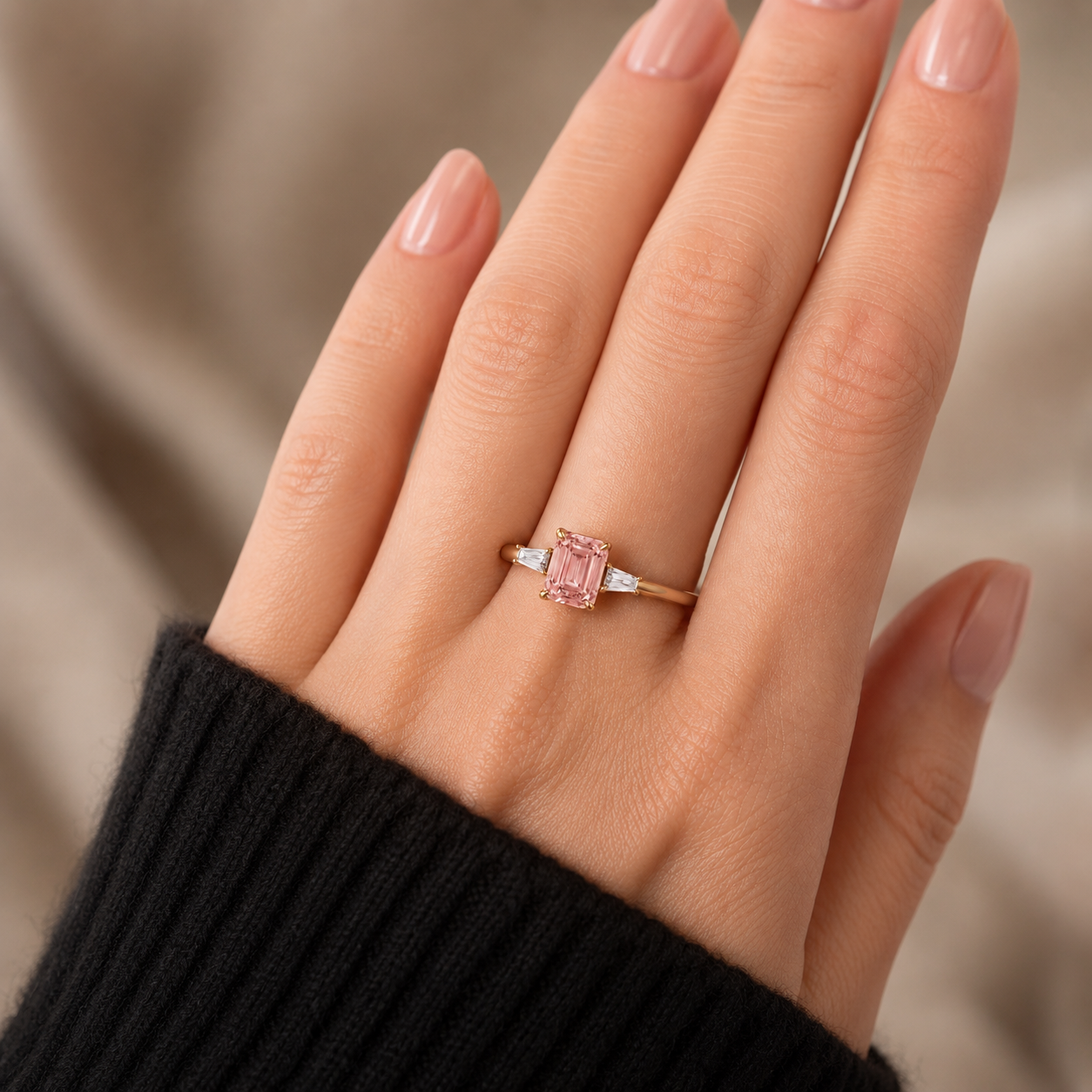 Pink Emerald Cut Lab Grown Diamond Engagement Ring Three Stone Tapered Baguette 14K Yellow Gold IGI Certified