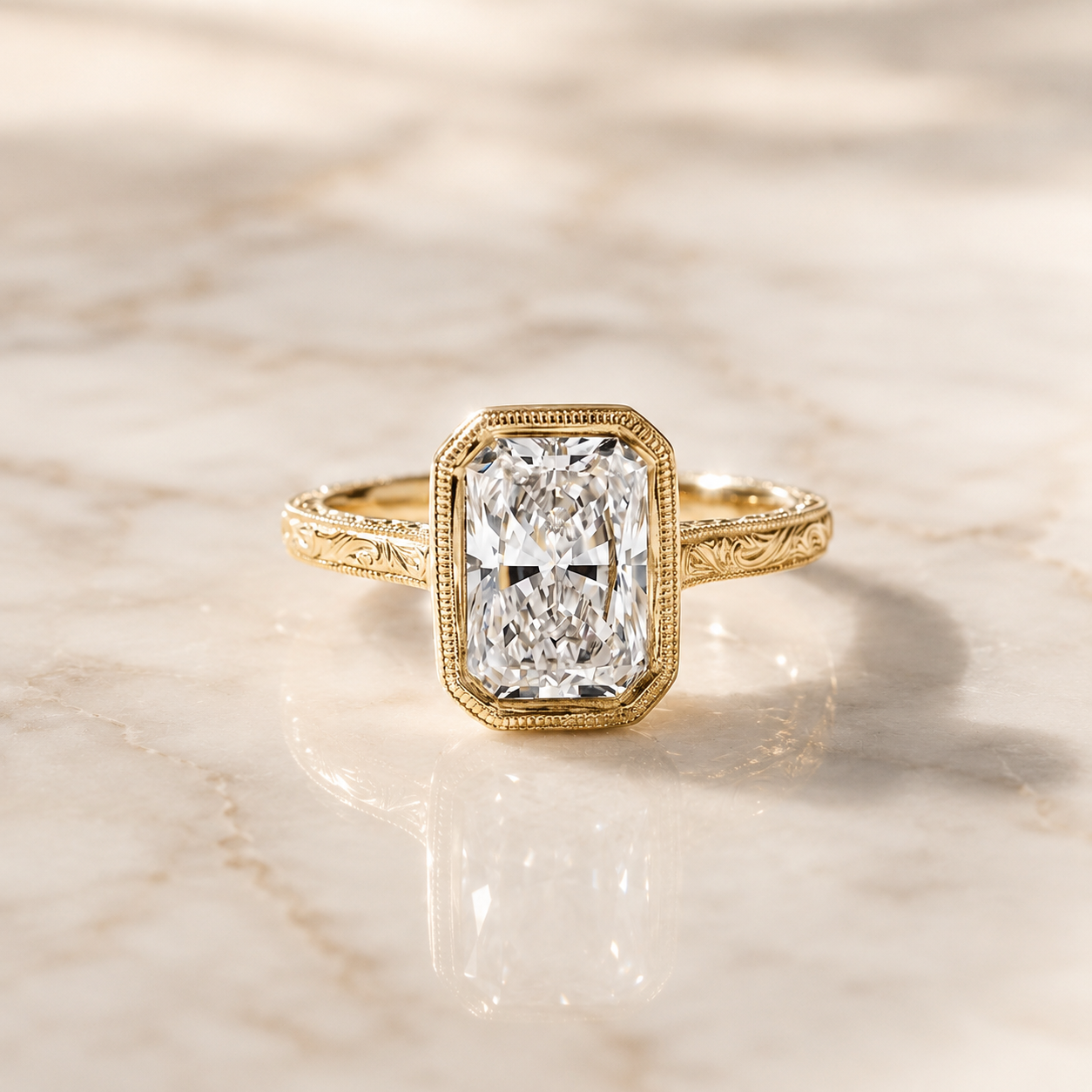 Radiant Lab Grown Diamond Engagement Ring Bezel 14K Yellow Gold Hand-Engraved Milgrain Band