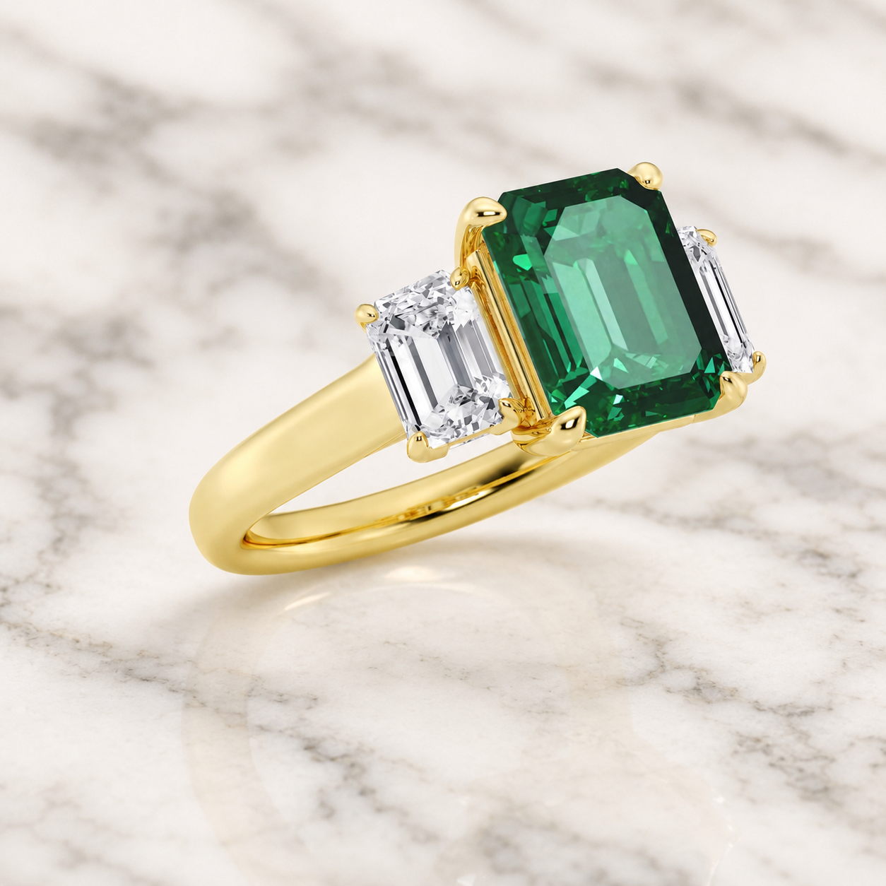 Emerald Cut Lab Grown Diamond Three Stone Ring Green Emerald Center 14K Yellow Gold VVS2 Colorless Sides