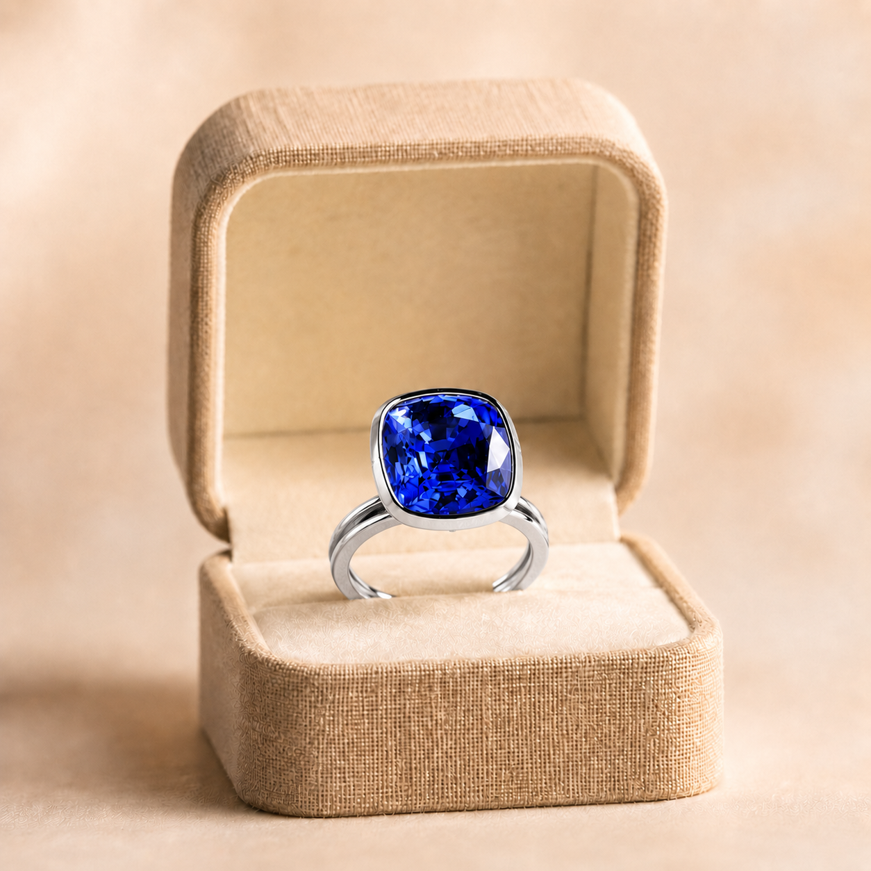 4 Carat Cushion Lab Grown Blue Sapphire Ring – 14K Gold Bezel Solitaire