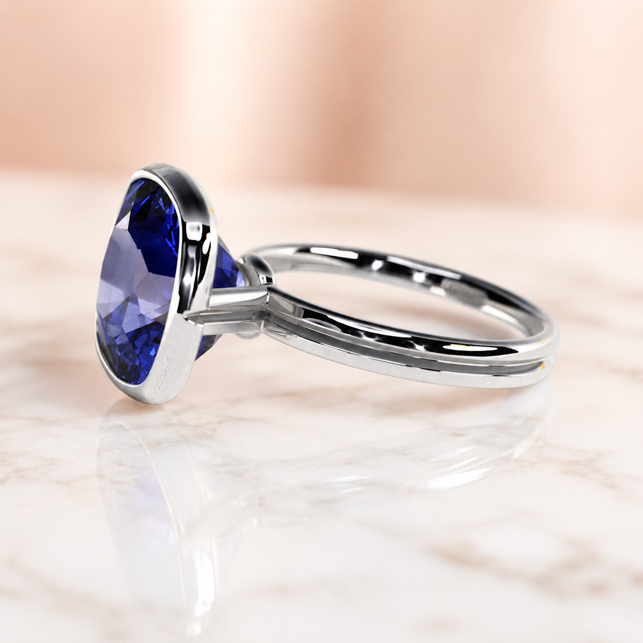 Blue Sapphire Cushion Cut Lab Grown Solitaire Ring Bezel Set 14K White Gold 2 Carat Royal Blue