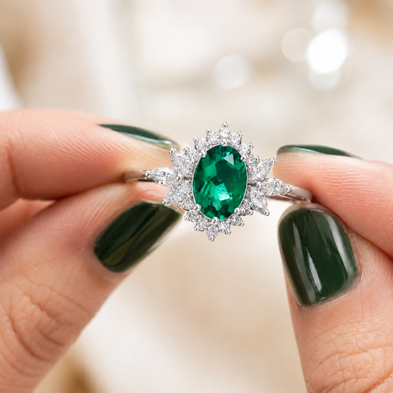 Oval Emerald Lab Grown Diamond Engagement Ring Halo 14K Gold Green Gemstone Bridal Ring