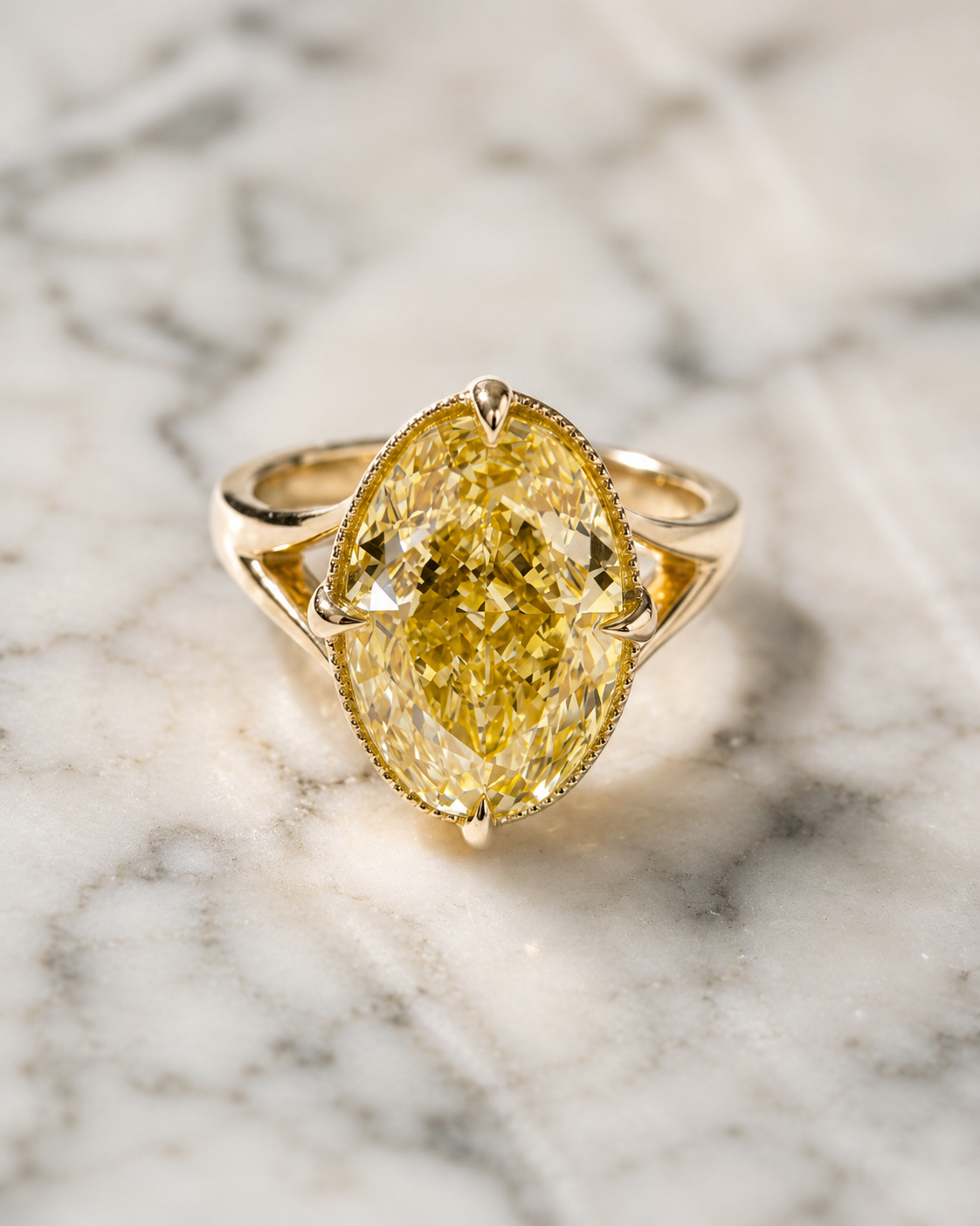 Fancy Yellow Oval Lab Grown Diamond Engagement Ring Milgrain Bezel Split Shank 14K Gold – Claw Prong Vintage Style