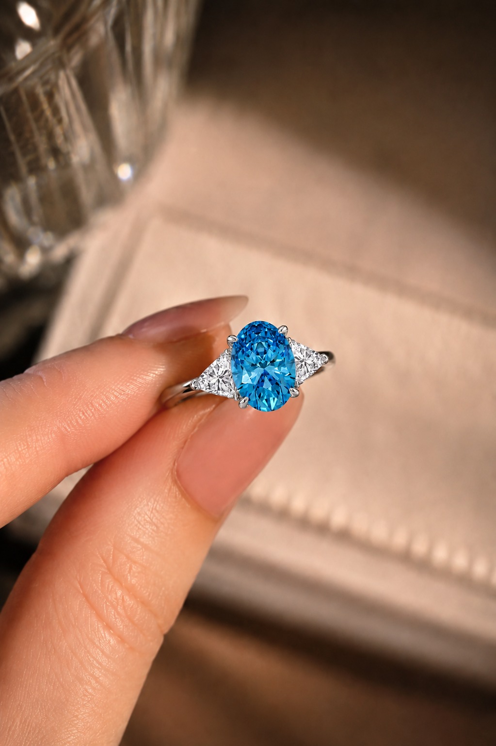 Fancy Blue Oval Lab Grown Diamond Engagement Ring – Three Stone Trillion 14K White Gold – IGI Certified 3 Carat