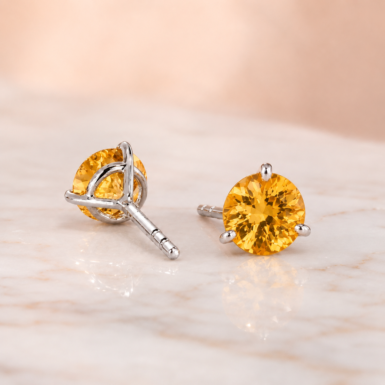 Round Citrine Stud Earrings – 3-Prong 14K White Gold – 1.48 Cttw Push-Back Posts
